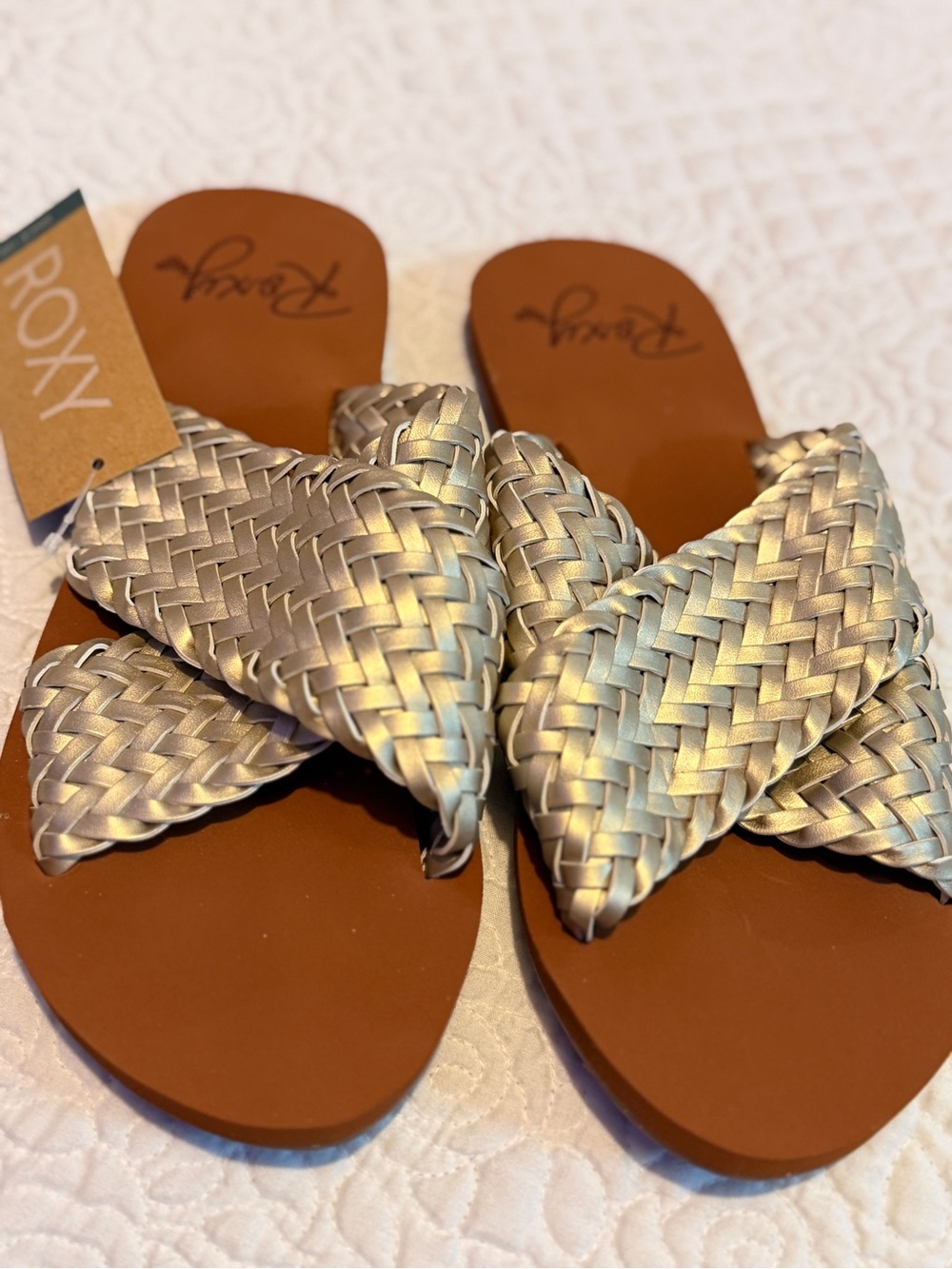 Roxy Metallic Silver Braided Crossband Slide Sandals - Women's